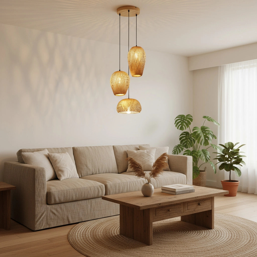 Suspension en rotin tressé – Ensemble de 3 luminaires nature japandi