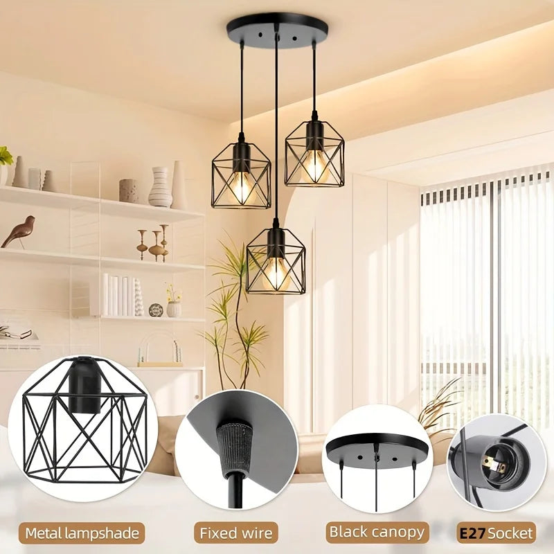 3-Light Industrial Vintage Metal Pendant Light – Black E27